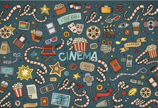Image illustrant divers éléments liés au cinéma : pop-corn, projecteur, écrans, tickets et accessoires cinématographiqu