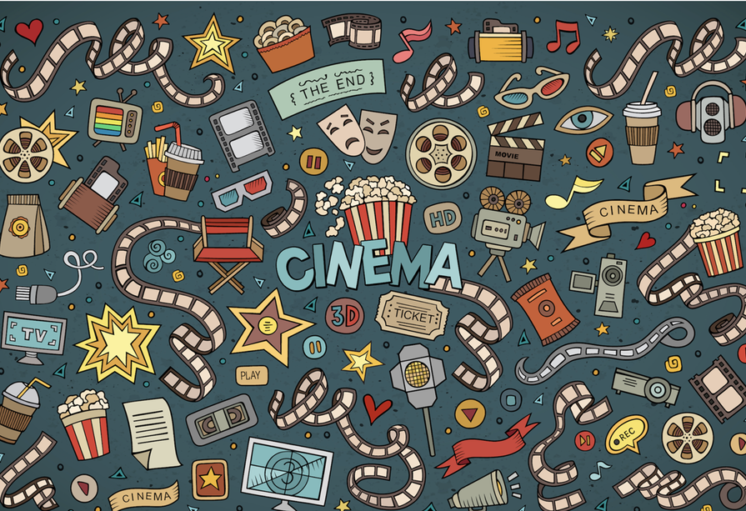 Image illustrant divers éléments liés au cinéma : pop-corn, projecteur, écrans, tickets et accessoires cinématographiqu