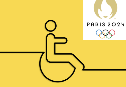 Logo des Jeux Paralympiques de Paris 2024 avec symbole de fauteuil roulant sur fond jaune.