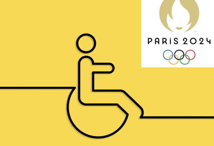 Logo des Jeux Paralympiques de Paris 2024 avec symbole de fauteuil roulant sur fond jaune.