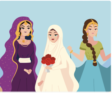 Trois femmes stylisées en tenues traditionnelles : une en robe violette avec longue chevelure, une en voile blanc tenant des