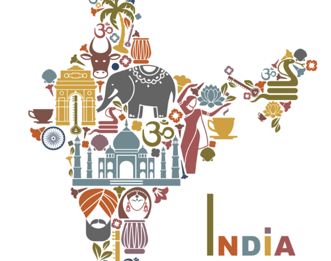 Image illustrant symboliquement l'Inde avec des motifs culturels traditionnels et des éléments emblématiques.
