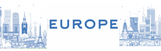Illustration stylisée des villes emblématiques d'Europe avec le mot 'EUROPE' en bleu.