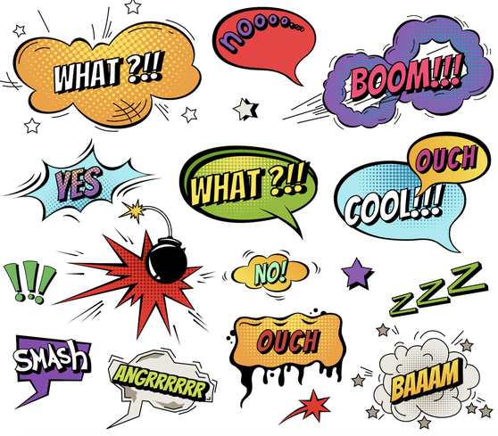 Illustrations de bulles sonores dynamiques avec exclamations variées : 'Oui', 'Non', 'Ouch', 'Boom', 'Smash', etc." (124 ca