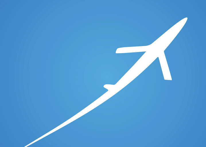 Illustration d'un avion en vol ascendant sur fond bleu clair.