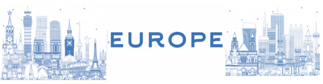 Illustration stylisée des villes emblématiques d'Europe avec le mot 'EUROPE' en bleu.