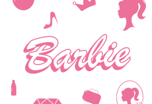 Logo et icônes de Barbie : cœur, couronne, silhouette coiffée, musique, bouteille, diamant, sac et logo circulaire.