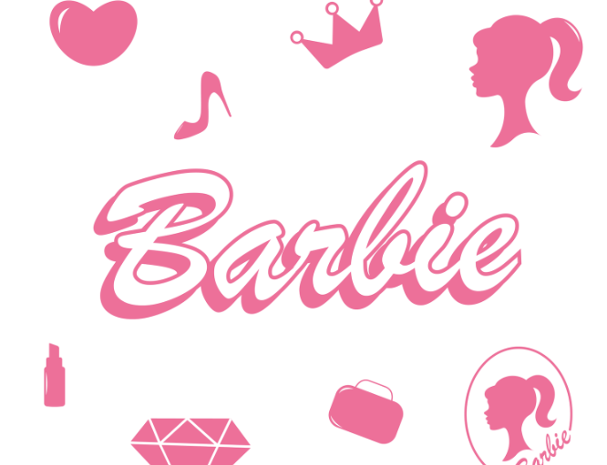 Logo et icônes de Barbie : cœur, couronne, silhouette coiffée, musique, bouteille, diamant, sac et logo circulaire.