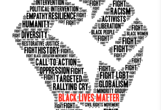 Image représentant un poing levé avec des mots-clés sur les droits des Noirs et le mouvement Black Lives Matter.