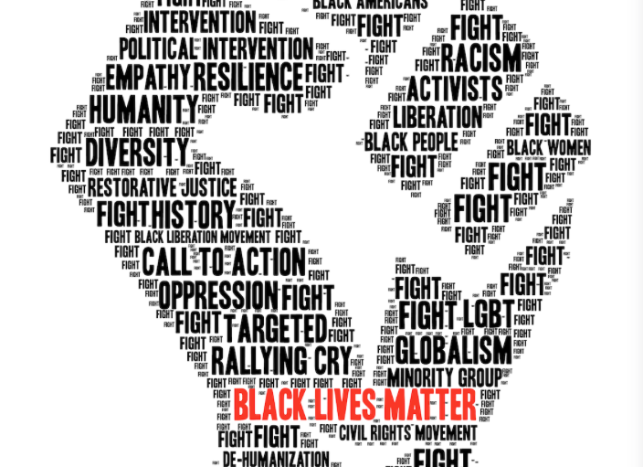 Image représentant un poing levé avec des mots-clés sur les droits des Noirs et le mouvement Black Lives Matter.