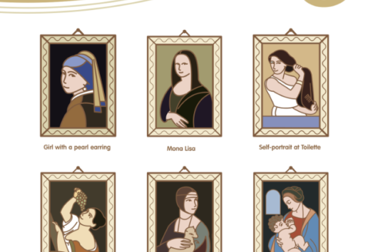 Cette image montre six portraits célèbres dans des cadres ornés :1. Jeune fille à l’oreille de perle.2. Mona Lisa.3.