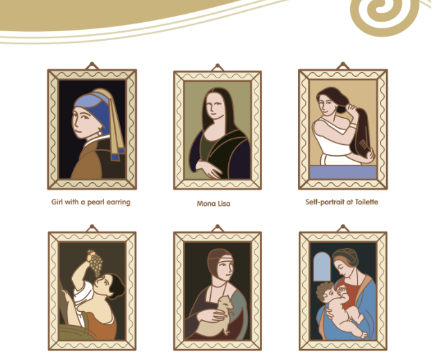 Cette image montre six portraits célèbres dans des cadres ornés :1. Jeune fille à l’oreille de perle.2. Mona Lisa.3.