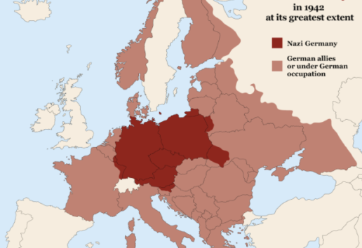 Carte de l'Allemagne nazie en 1942 à son apogée : territoires contrôlés et alliés occupés en Europe.