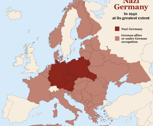 Carte de l'Allemagne nazie en 1942 à son apogée : territoires contrôlés et alliés occupés en Europe.