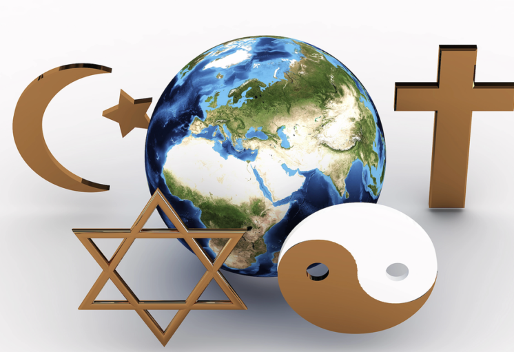 Image : Globe terrestre entouré de symboles religieux (croix, étoile de David, croissant, yin-yang). Représentation de div