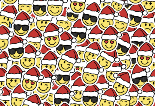 Image : Motif répétitif de visages souriants portant des bonnets de Noël rouges et blancs.