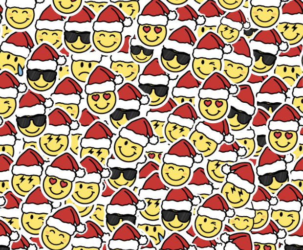 Image : Motif répétitif de visages souriants portant des bonnets de Noël rouges et blancs.