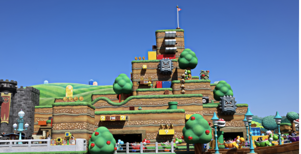 Parc à thème inspiré de jeux vidéo : château coloré avec personnages et décors animés, sous un ciel bleu clair.