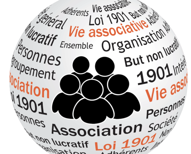 Sphère illustrant "Loi 1901" et "vie associative" avec des termes liés aux associations non lucratives et regroupements de