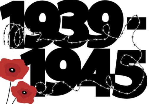 Image symbolisant la période 1939-1945 avec des chiffres noirs, des barbelés et des coquelicots rouges.
