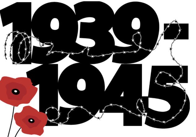 Image symbolisant la période 1939-1945 avec des chiffres noirs, des barbelés et des coquelicots rouges.