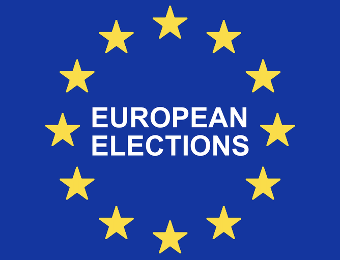 Logo des élections européennes : cercle de douze étoiles jaunes sur fond bleu avec le texte "EUROPEAN ELECTIONS".
