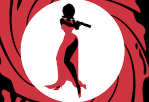 Silhouette féminine en tenue élégante pointant un pistolet, entourée d'un cercle rouge évoquant un viseur.