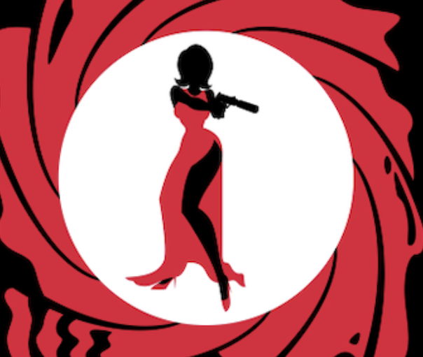 Silhouette féminine en tenue élégante pointant un pistolet, entourée d'un cercle rouge évoquant un viseur.