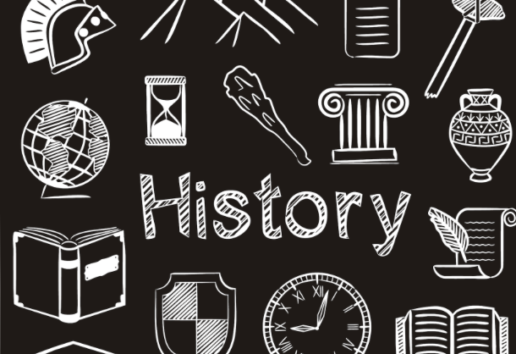 Illustration en noir et blanc : icônes historiques autour du mot « Histoire » en lettres stylisées.