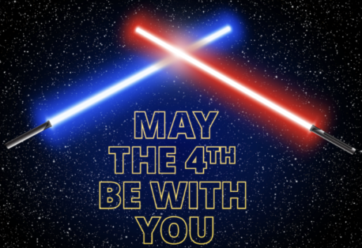 Image montrant des sabres laser croisés en bleu et rouge sur fond étoilé avec le message 'May the 4th be with you'." (120