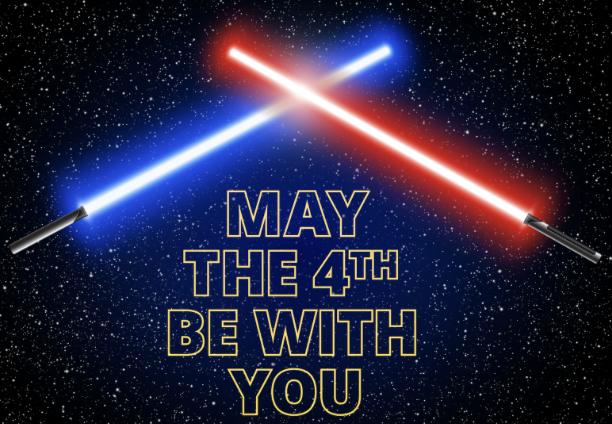 Image montrant des sabres laser croisés en bleu et rouge sur fond étoilé avec le message 'May the 4th be with you'." (120