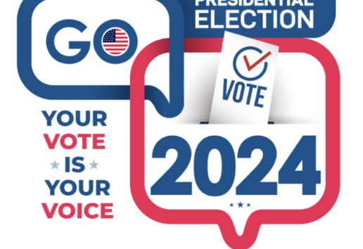 Sticker électoral 2024 : "Votre vote est votre voix" avec bulletin et drapeau américain.