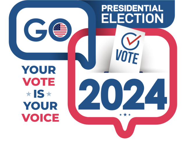 Sticker électoral 2024 : "Votre vote est votre voix" avec bulletin et drapeau américain.