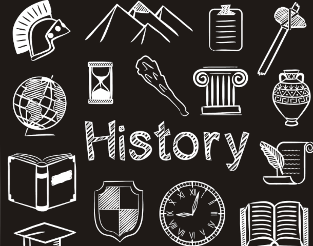 Illustration en noir et blanc : icônes historiques autour du mot « Histoire » en lettres stylisées.