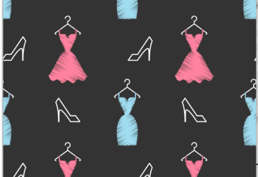 Motif noir et blanc avec des robes et chaussures de bal en rose et bleu clair sur des cintre.