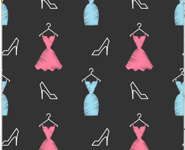 Motif noir et blanc avec des robes et chaussures de bal en rose et bleu clair sur des cintre.