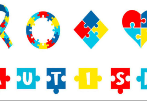 Logos et lettres en puzzle colorés représentant l'autisme : ruban, cercle, cœur et mot AUTISM en couleurs vives." (124 ca