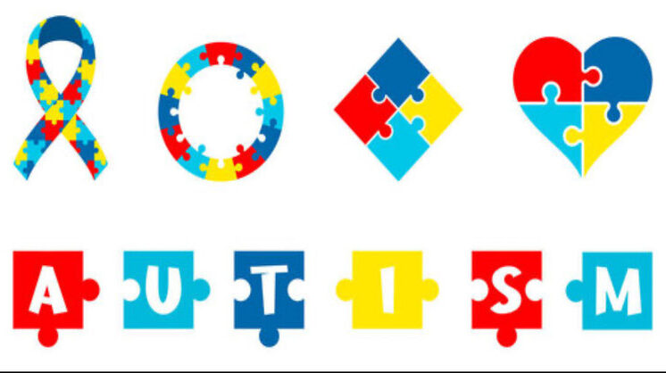 Logos et lettres en puzzle colorés représentant l'autisme : ruban, cercle, cœur et mot AUTISM en couleurs vives." (124 ca