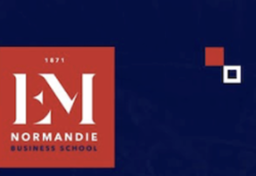 Logo de l'École de Management de Normandie, fond rouge avec "EM" stylisé et "Normandie Business School".
