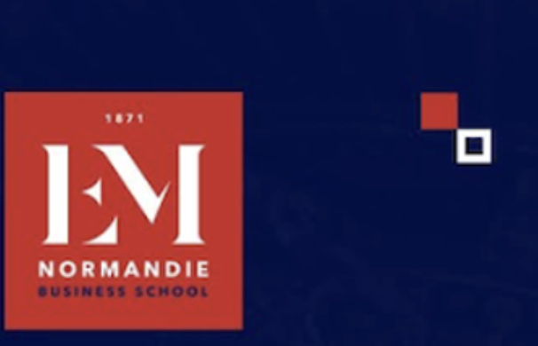 Logo de l'École de Management de Normandie, fond rouge avec "EM" stylisé et "Normandie Business School".