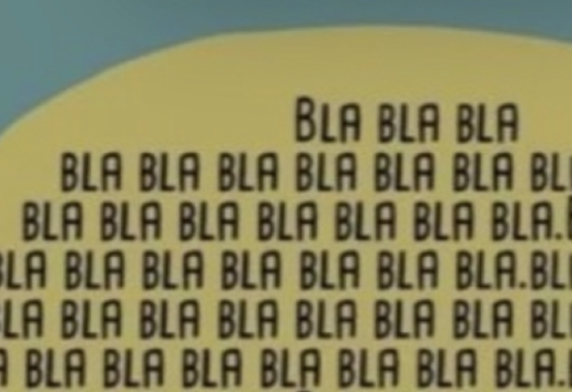 Texte répétitif en noir sur fond jaune et bleu : motif de mots 'BLA' en boucle.