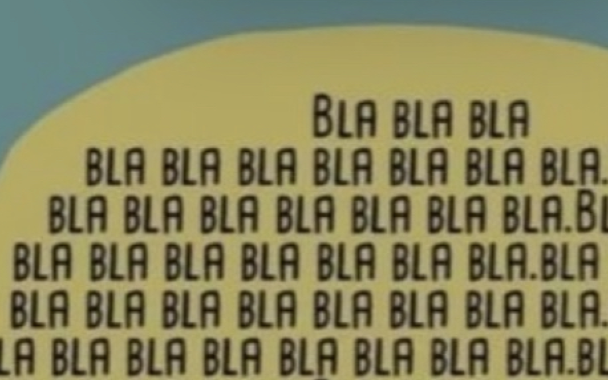 Texte répétitif en noir sur fond jaune et bleu : motif de mots 'BLA' en boucle.
