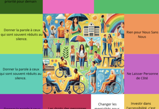 Illustration inclusive montrant des valeurs d'accessibilité universelle et d'inclusion sociale pour tous." (124 caractères