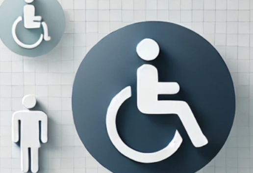 Symboles d'accessibilité : toilettes adaptées (grand cercle), fauteuil roulant (petit cercle), silhouette humaine.