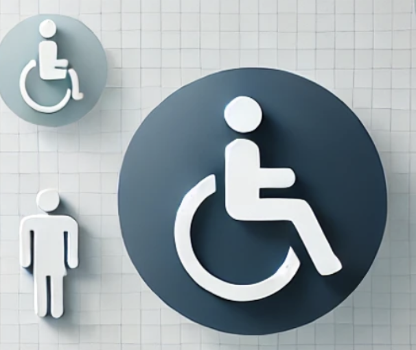 Symboles d'accessibilité : toilettes adaptées (grand cercle), fauteuil roulant (petit cercle), silhouette humaine.