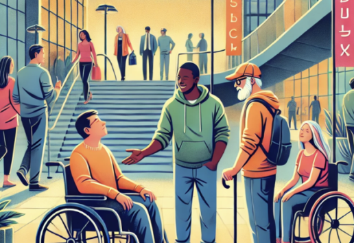 Illustration d'un espace public accessible : personnes en fauteuil roulant et marcheurs dans un environnement urbain inclusi