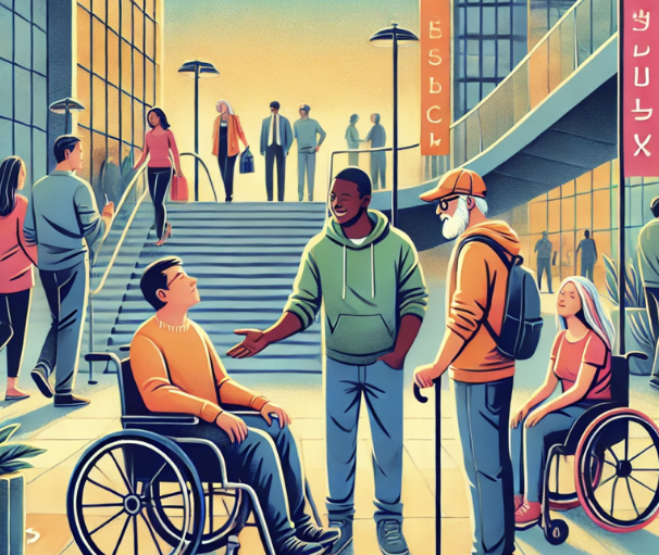 Illustration d'un espace public accessible : personnes en fauteuil roulant et marcheurs dans un environnement urbain inclusi