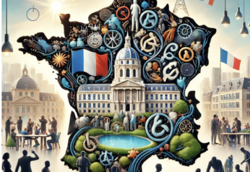 Illustration symbolique de la France incluant des icônes culturelles, des monuments et des éléments d'inclusion sociale.