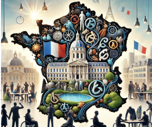 Illustration symbolique de la France incluant des icônes culturelles, des monuments et des éléments d'inclusion sociale.