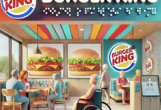 Restaurant Burger King : intérieur coloré avec tables, burgers géants, personnes en train de manger et personne en faut